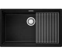 PRIMAGRAN Evier Sous Plan Noir 76x47cm, Evier en Granit 1 bac + Robinet 32x20cm + Kit de Vidage + Égouttoir Enroulable, Évier al mueble 80cm - Prague S391