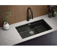 PRIMAGRAN Evier Sous Plan Noir 76x47cm, Evier en Granit 1 bac + Robinet 40x20cm, Évier al mueble 80cm - Prague