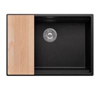 PRIMAGRAN Evier Sous Plan Noir Métallisé 66x47cm, Evier en Granit 1 bac + Robinet 32x20cm + Set d’accessoires, Évier al mueble 70cm - Prague S494