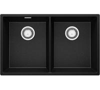 PRIMAGRAN Evier Sous Plan Noir Métallisé 76x47cm, Evier en Granit 2 bacs + Robinet 38x14cm + Kit de Vidage, Évier al mueble 80cm - London Twin S004
