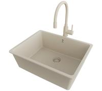 PRIMAGRAN Evier Sous Plan Tout Beige 56x44cm, Evier en Granit 1 bac + Robinet 38x14cm + Kit de Vidage, Évier au Meuble 60cm - Venise S094