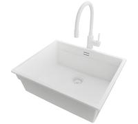 PRIMAGRAN Evier Sous Plan Tout Blanc 56x47cm, Evier en Granit 1 bac + Robinet 38x14cm + Kit de Vidage, Évier al mueble 60cm - Prague