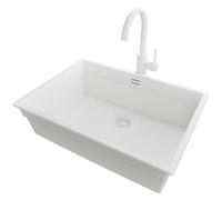 PRIMAGRAN Evier Sous Plan Tout Blanc 66x47cm, Evier en Granit 1 bac + Robinet 32x20cm + Kit de Vidage, Évier al mueble 70cm - Prague S384