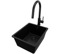 PRIMAGRAN Evier Sous Plan Tout Noir 36x44cm, Evier en Granit 1 bac + Robinet 40x20cm, Évier al mueble 40cm - Venise Easy