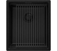 PRIMAGRAN Evier Sous Plan Tout Noir 41x47cm, Evier en Granit 1 bac + Robinet 32x20cm + Kit de Vidage + Égouttoir Enroulable, Évier al mueble 45cm - Prague S048