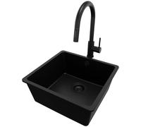 PRIMAGRAN Evier Sous Plan Tout Noir 46x44cm, Evier en Granit 1 bac + Robinet 40x20cm, Évier al mueble 50cm - Venise Easy
