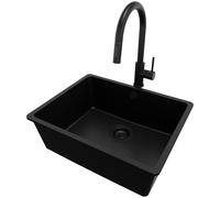 PRIMAGRAN Evier Sous Plan Tout Noir 56x44cm, Evier en Granit 1 bac + Robinet 40x20cm + Kit de Vidage, Évier al mueble 60cm - Venise Easy S080