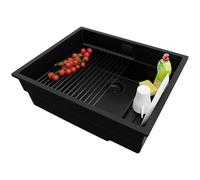 PRIMAGRAN Evier Sous Plan Tout Noir 56x47cm, Evier en Granit 1 bac + Kit de Vidage + Égouttoir Enroulable, Évier al mueble 60cm - Prague S461