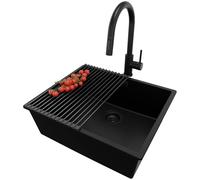 PRIMAGRAN Evier Sous Plan Tout Noir 56x47cm, Evier en Granit 1 bac + Robinet 40x20cm + Kit de Vidage + Égouttoir Enroulable, Évier au Meuble 60cm - London S351