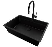 PRIMAGRAN Evier Sous Plan Tout Noir 66x47cm, Evier en Granit 1 bac + Robinet 38x14cm + Kit de Vidage, Évier al mueble 70cm - Prague S490