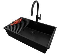 PRIMAGRAN Evier Sous Plan Tout Noir 76x47cm, Evier en Granit 1 bac + Robinet 40x20cm + Kit de Vidage + Égouttoir Enroulable, Évier al mueble 80cm - London S531