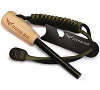 Primal Bull Pierre à feu avec bois - Poignée en paracorde - 7 cm de long - Diamètre : 8 mm - Étincelles extrêmes - Firesteel Outdoor - Survival Gear