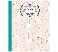 Primary Story Paper Composition Notebook: Dotted Midline And Drawing Space. School Grades K-2 Writing Exercise Practice Book, Unicorn And Flowers Hearts Design Cover.