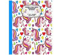 Primary Story Paper Composition Notebook: Dotted Midline And Drawing Space. School Grades K-2 Writing Exercise Practice Book, Unicorn Diamonds Hearts Design Cover.