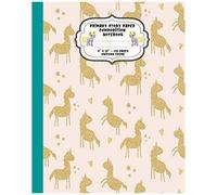 Primary Story Paper Composition Notebook: Dotted Midline And Drawing Space. School Grades K-2 Writing Exercise Practice Book, Gold Unicorns On Pink Pattern Cover.