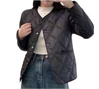 Prime Day Deal Doudoune légère pour femme - Veste matelassée sans col - Veste d'hiver boutonnée à manches longues et col rond - Manteau léger et chaud, Noir , XL