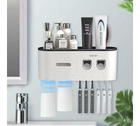 PRIMEGA Distributeur Automatique De Dentifrice Double pour Montage Mural, Ensemble De Porte-Brosse À Dents pour Salle De Bain Et Lavabo, avec 6 Emplacements pour Brosse, 2 Tasses Magnétiques, Noir