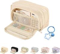 PRIMEGA Grand Trousse à Crayons de Grande capacité pour Bureau, école, Papeterie, 3 Compartiments, Beige, Stor, fashtion