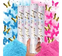 PrimePure Canon à Confettis Gender Reveal - Poudre Biodégradable & Confettis en Forme de Papillon - Rose et Bleu, Lot de 4 - Bombes Fumigènes pour Fête Garçon ou Fille