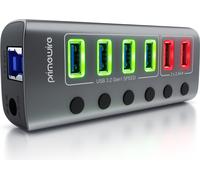 Primewire - Hub USB 3.2 Gen.1 6 ports à commutation active - avec alimentation - 4 x USB 3.2 Gen1, 2X USB 3.0 avec smart Charge (ports de charge) - boîtier en aluminium gris - pour PC ordinateur porta