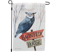 Primitives by Kathy Drapeau de jardin décoratif, design double face, drapeau de collection d'Halloween affichant une charmante scène d'Halloween d'un hibou perché sur une maison hantée dans un style