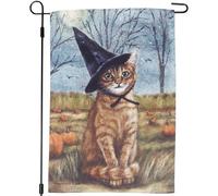 Primitives by Kathy Drapeau de jardin décoratif, design double face, drapeau de la collection d'Halloween affichant une charmante scène d'Halloween d'un chat portant un chapeau de sorcière