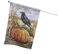 Primitives by Kathy Drapeau de jardin décoratif, design double face, drapeau de la collection d'Halloween affichant une scène d'automne d'un corbeau perché sur une citrouille dans un champ de récolte
