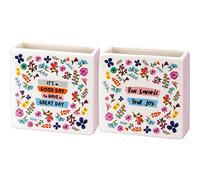 Primitives by Kathy Vase décoratif carré double face en grès - Great Day & Run Towards Joy - Motif floral éclatant