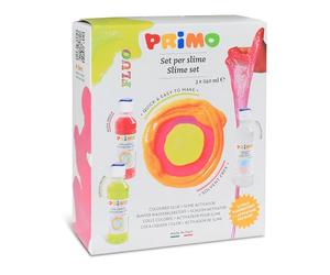 PRIMO - Colle Liquide Transparente Colorée Idéale pour Slime enfants, 2 Colles Fluorescentes 240 ml avec Doseur + Activateur 240 ml, Set Valisette Papeterie pour Travaux Créatifs et Découpage