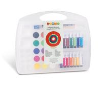 Primo Fantasia : coffret avec 14 tubes de gouache 12 ml et 15 couleurs aquarelles diamètre 30 mm, 1 pinceau, 1 crayon HB, 1 gomme, 1 taille-crayon, 1 palette de mixage