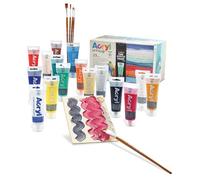 PRIMO Hobby & Professional-Coffret 15 Peintures Acryliques 75ml pour Artistes +14 Ans,5 Pinceaux,1 Pâte Structurante, 2 Cartons Toiles, Peintures Permanentes pour Tissus, Travaux Créatifs et Papeterie