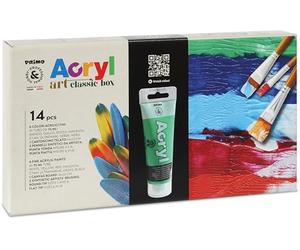 PRIMO Hobby & Professional - Coffret 15 Peintures Acryliques 75ml pour Artistes +14 Ans, 5 Pinceaux, 1 Pâte Structurante, 2 Cartons Toiles, Peintures pour Tissus, Travaux Créatifs et Papeterie