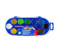 PRIMO - Kit d'aquarelles pour enfants (12 couleurs, dès 3 ans). Couleurs solubles à l'eau. Diamètre : 30 mm. Comprend : 1 pinceau, 1 pot d'aquarelle blanche