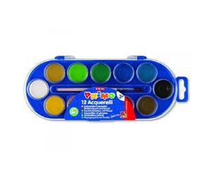 PRIMO - Kit d'aquarelles pour enfants (12 couleurs, dès 3 ans). Couleurs solubles à l'eau. Diamètre : 30 mm. Comprend : 1 pinceau, 1 pot d'aquarelle blanche