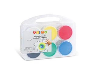 PRIMO - Kit Palette Peinture Enfant et Bebe +2 Ans, Peinture Textile Gouache à Doigts 100g, 6 Couleurs Résistantes au Lavage 30°, Tempera de Couleurs pour Loisirs Créatifs Testée Dermatologiquement