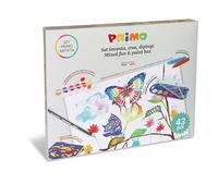 PRIMO - Peinture Enfant +3Ans, Malette Set "Invente Crée Peins" avec 12 Couleur Aquarelle Peinture Ø30mm, 8 Crayons de Couleur, Peinture Gouache, 1 Pinceau, 1 Crayon Papier HB, 6 Pochoir Papeterie