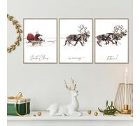 Prinajssiad Lot de 3 Toiles Murales Vintage de Noël - Père Noël Rustique Avec Traîneau, Élan, Cerf - Décoration Murale pour l'Hiver - 30,5 x 40,6 cm, Sans Cadre