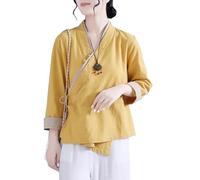 PRINCESS BRIDE Cardigan élégant en coton et lin respirant avec col en V et boutons pour femme, jaune, M
