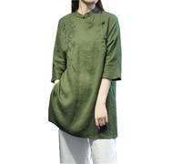 PRINCESS BRIDE Chemisier brodé en coton et lin avec boutons grenouille - Style rétro Hanfu - Pour l'été - Tang - Tea - Vêtement de méditation zen pour femme, vert, XL/XXL