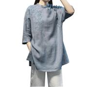 PRINCESS BRIDE Chemisier d'été en coton et lin avec bouton grenouille Hanfu rétro brodé Tops Chemisier Tang Costume T-shirt Vêtements de thé Vêtements de méditation zen pour femme, bleu, L-XL