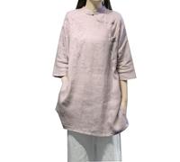 PRINCESS BRIDE Chemisier d'été en coton et lin avec boutons grenouille Hanfu rétro brodés hauts chemisier Tang costume t-shirt vêtements de thé vêtements de méditation zen pour femme, rose, L-XL