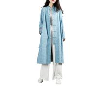 PRINCESS BRIDE Chinatown Haut en coton et lin brodé pour femme Grenouille Bouton Cardigan Long Trench Coat Outwear Loose Shirt Veste pour Cadeau, Taille unique, Bleu