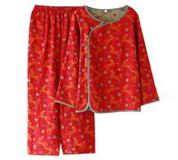 PRINCESS BRIDE Ensemble de pyjama en coton rouge pour femme, motif cheval, style chinois traditionnel, double couche, vêtements de détente, Rouge, M