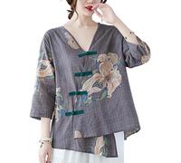 PRINCESS BRIDE Hanfu Chemisier ample en lin à manches 3/4 et col en V avec boutons grenouille chinoise d'été A3, gris, XL