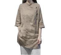 Princess Bride Haut d'été en coton et lin avec boutons en forme de grenouille Hanfu brodé rétro Blouse de style Tang T-shirt Vêtements de thé Vêtements de méditation zen pour femmes', Marron clair