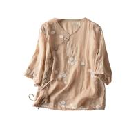 PRINCESS BRIDE Summer Hanfu Cotton-Ramie Chemisier ample décontracté à manches 3/4 Col en V Vêtements traditionnels chinois avec boutons grenouille chinoise A13 - XL Multicolore, multicolore, XL