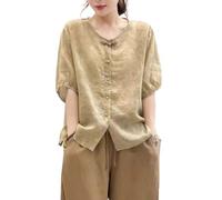 PRINCESS BRIDE Summer Hanfu Cotton-Ramie Chemisier ample décontracté à manches 3/4 Col en V Vêtements traditionnels chinois avec boutons grenouille chinoise A5 - S Multicolore