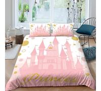 Princess castle Ensemble De Literie résistante 3 Pièces 3D Effet Léger Rose fairy tale style Housse de Couette avec Taie d'oreiller Facile d'entretien for Chambre de adolescents Double（200x200cm）