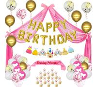 Princesse Anniversaire Decoration,Banner ,Château Princesse Guirlande ,Ballon, Ceinture Ballon de Couronne Star , Décorations de Gâteau,Tulle Decor ,pour Filles Rose Princesse Fête Fournitures