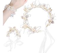 Princesse Blanche Fleur Couvre,Minging 2 Pièces Perle Bandeau 2 Pièces bracelet Accessoire Cheveux Mariage Headband de Mariee Diademe Mariage Vintage couronne fleur cheveux bandeau cheveux enfant